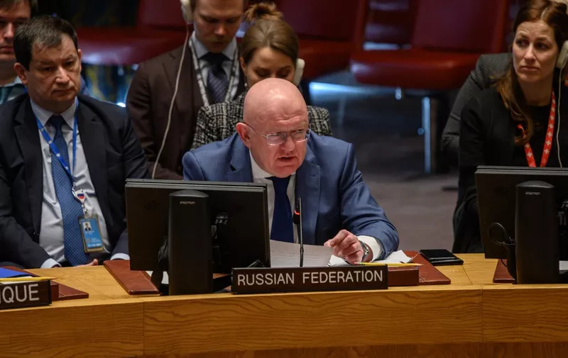 Permanent Representative of the Russian Federation to the United Nations Ambassador Vassily Nebenzia attends a UN Security Council meeting on Ukraine, at UN headquarters in New York on February 8, 2023. (Photo by Ed JONES / AFP)