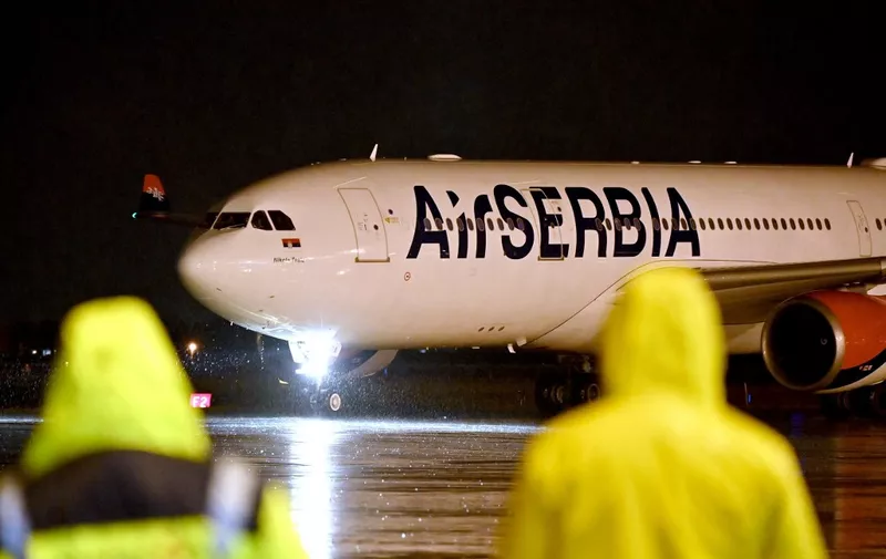 A special Air Serbia flight arrives with containers holding 500.000 doses of China's Sinopharm Covid-19 vaccines from at Belgrade Airport on February 10, 2021. - Serbia has so far inoculated more than half a million of its population of seven million, mainly with the Chinese-made Sinopharm vaccine, Russia's Sputnik V and to a lesser extent with the Pfizer-BioNTech jabs. (Photo by Andrej ISAKOVIC / AFP)