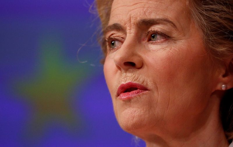European Commission President Ursula von der Leyen gives a press conference on EU efforts to limit economic impact of the coronavirus disease (COVID-19) outbreak, in Brussels, on April 2, 2020. (Photo by FRANCOIS LENOIR / POOL / AFP)