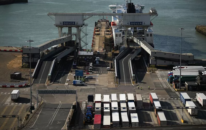Freight lorries wait to board a cross-channel ferry bound for Europe, at the Port of Dover, in Dover on the south-east coast of England on August 9, 2023. (Photo by Daniel LEAL / AFP)