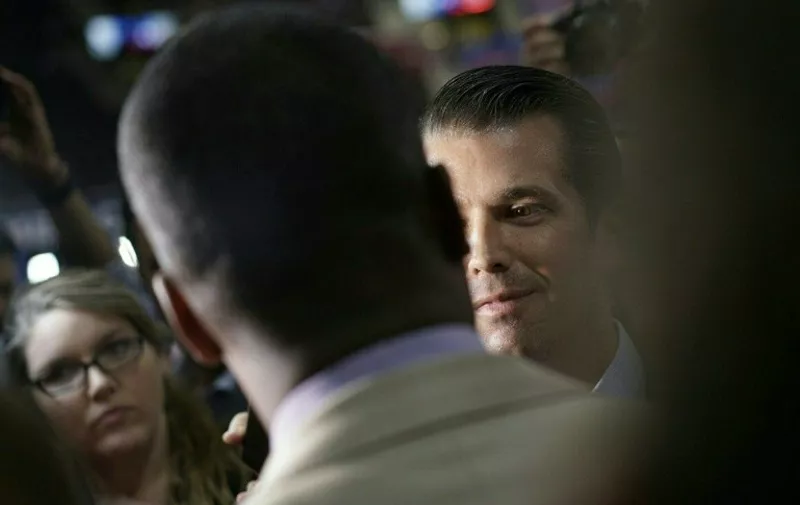 Donald Trump Jr. is seen on the convention floor before the start of the second day of the Republican National Convention on July 19, 2016 at Quicken Loans Arena in Cleveland, Ohio.
About 50,000 people are expected in Cleveland this week for the Republican National Convention, at which Donald Trump is expected to be formally nominated to run for the US presidency in November. / AFP PHOTO / Brendan SMIALOWSKI
