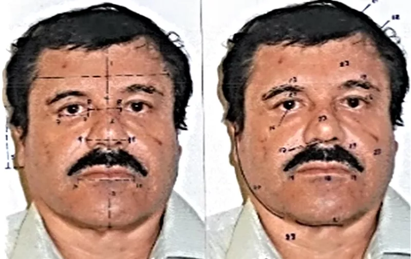 This handout photo released on February 25, 2014 by Mexican Attorney General office (PGR) shows facial measurements on a portrait of the Mexican drug trafficker Joaquin Guzman Loera, aka "el Chapo Guzman" in Mexico City. The Sinaloa cartel leader - the most wanted by US and Mexican anti-drug agencies - was arrested by Mexican marines at a resort in Mazatlan, northern Mexico, last February 21. AFP PHOTO/PGR (Photo by HO / PGR / AFP)