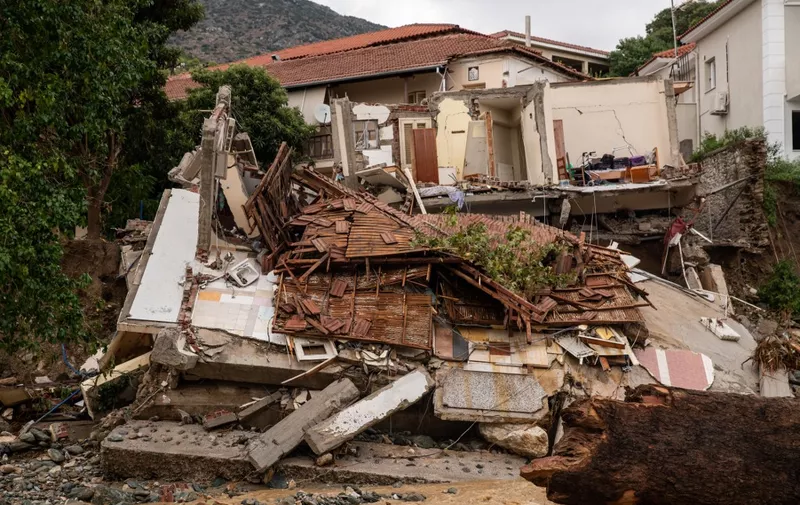 The collapsed wing of the Nursing Home is seen, after flooding caused by the severe weather front "Daniel", Aghios Onoufrios, Volos, Greece on September 7, 2023. (Photo by Alexandros Alamaniotis / SOOC / SOOC via AFP)