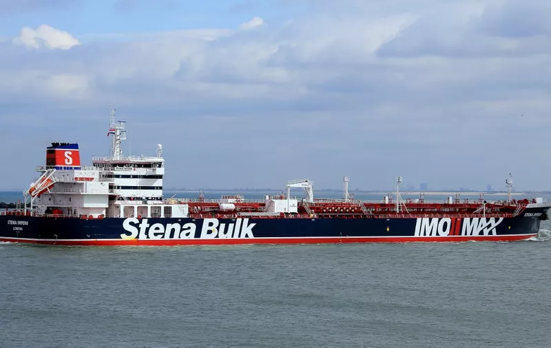 This handout photo made available on July 20, 2019, by Jan Verhoog shows the Stena Impero, a British-flagged tanker, off the coast of Europoort in Rotterdam on April 3, 2018. - The British-flagged tanker Stena Impero seized by Iran is now at anchor off the port of Bandar Abbas with all its crew aboard after colliding with a fishing boat, authorities said on July 20, 2019. The Swedish-owned Stena Impero "collided with a fishing boat", said Allah-Morad Afifipoor, director-general of the Hormozgan province port and maritime organisation. (Photo by Jan VERHOOG / various sources / AFP) / RESTRICTED TO EDITORIAL USE - MANDATORY CREDIT "AFP PHOTO / MARINETRAFFIC.COM / JAN VERHOOG " - NO MARKETING NO ADVERTISING CAMPAIGNS - DISTRIBUTED AS A SERVICE TO CLIENTS