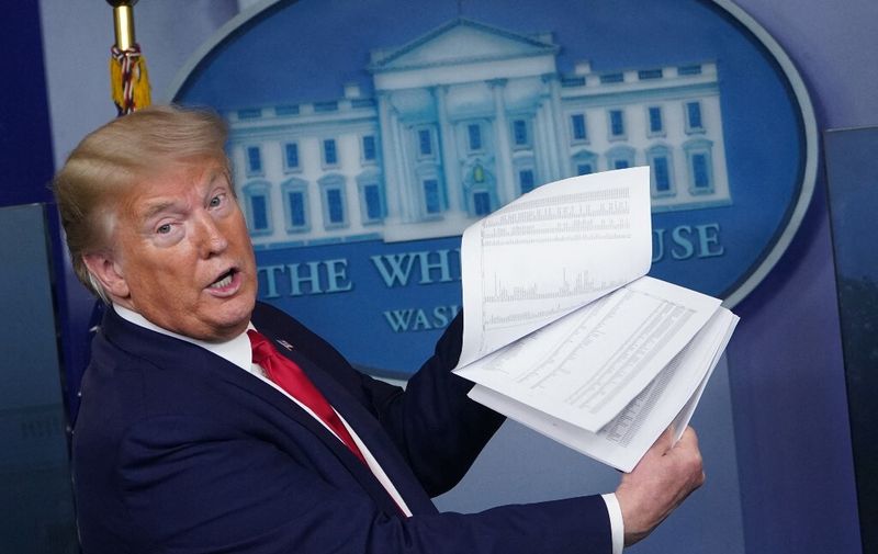 US President Donald Trump holds up papers displaying federal locations for testing during the daily briefing on the novel coronavirus, COVID-19, in the Brady Briefing Room of the White House in Washington, DC on April 20, 2020. (Photo by MANDEL NGAN / AFP)