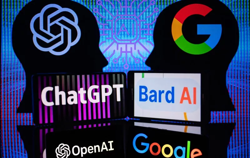 Google Bard VS OpenAI ChatGPT displayed on Mobile with Openai and Google logo on screen seen in this photo illustration. On 7 February 2023 in Brussels, Belgium. (Photo Illustration by Jonathan Raa/NurPhoto) (Photo by Jonathan Raa / NurPhoto / NurPhoto via AFP)