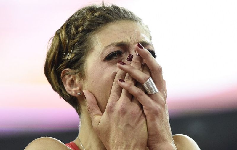 Croatia's Blanka Vlasic reacts in the final of the women's high jump athletics event at the 2015 IAAF World Championships at the "Bird's Nest" National Stadium in Beijing on August 29, 2015.  AFP PHOTO / FRANCK FIFE