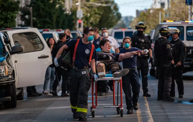 October 17, 2020 - San Francisco, California, United States: A Trump supporter is wheeled to an ambulance after he was attacked by counter protester at a free speech rally and protest.,Image: 564415717, License: Rights-managed, Restrictions: No publication in scandal publications, Model Release: no, Credit line: Profimedia