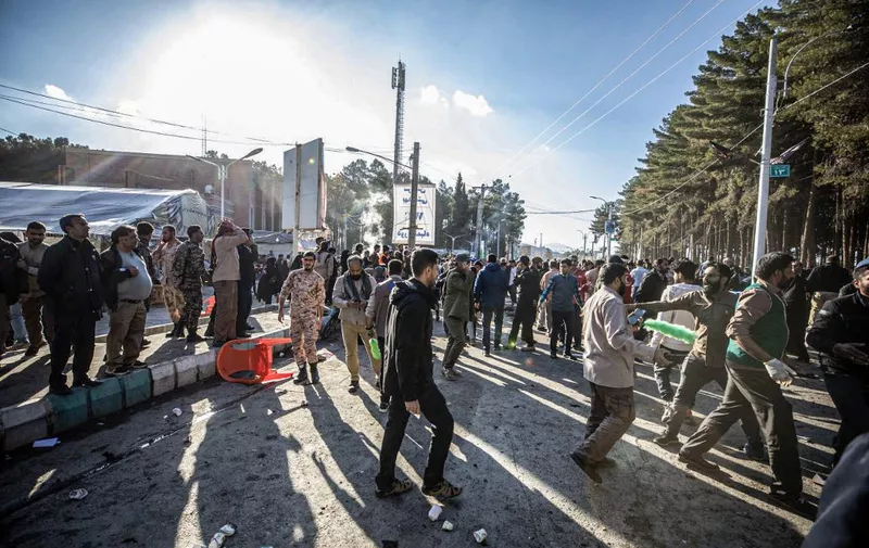 KERMAN CITY, IRAN - JANUARY 03: A view of the scene after explosions leaving at least 73 feared dead in explosions near slain Gen. Qassem Soleimani’s tomb, in Kerman City, Iran on January 03, 2024. Stringer / Anadolu (Photo by STRINGER / ANADOLU / Anadolu via AFP)