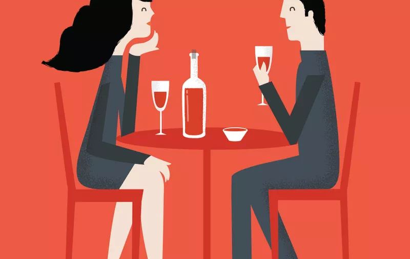Romantic couple sitting in cafe - sharing a bottle of wine. Vector illustration