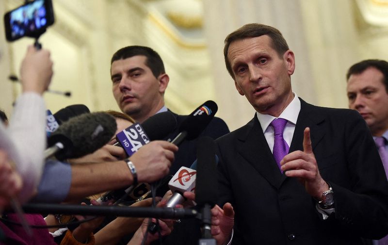 Sergey Naryshkin, Chairman of the State Duma of the Russian Federation talks to journalists during the 46th General Assembly of the Parliamentary Assembly of Black Sea Economic Cooperation (PABSEC) at the Romanian Parliament Palace in Bucharest November 27, 2015. AFP PHOTO DANIEL MIHAILESCU (Photo by Daniel MIHAILESCU / AFP)
