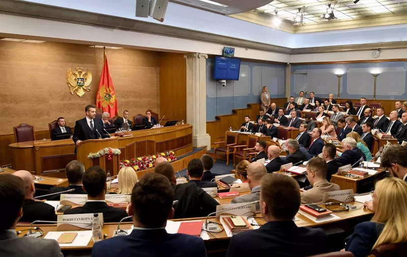 Montenegro's newly elected Prime Minister Milojko Spajic addresses the parliament in Podgorica early hours on October 31, 2023. Montenegrin lawmakers on Tuesday voted in a new government, backed by a pro-Russian alliance, nearly five months after general elections. Prime Minister Milojko Spajic's government was voted in after a marathon overnight debate, supported by 46 of 66 the MPs present in the 81-member parliament. (Photo by SAVO PRELEVIC / AFP)