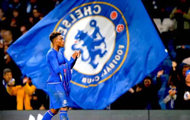 Callum Hudson-Odoi of Chelsea heads to the supporters while applauding to give them his shirt in front of the Chelsea flag Chelsea v Malmo FF, Football, Europa League Round of 32 &#8211; 2nd Leg, Stamford Bridge, London, UK &#8211; 21 Feb 2019, Image: 415181502, License: Rights-managed, Restrictions: Editorial use only, Model Release: no, Credit line: [&hellip;]
