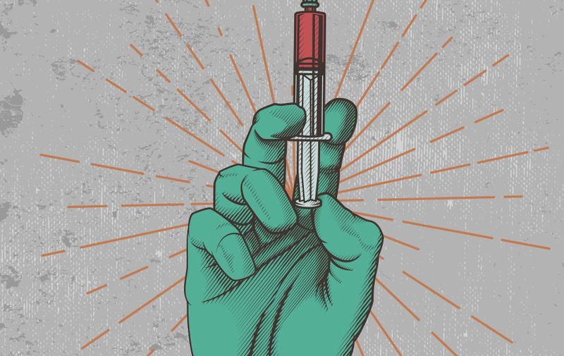 Vector illustration in engraving technique of doctor hand in glove with medical injection syringe. Isolated on grunge background.