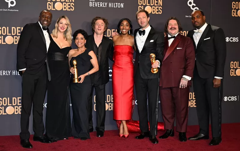 (From L) US actor Edwin Lee Gibson, US actress Abby Elliott, US actress Liza Colon-Zayas, US actor Jeremy Allen White, US actress Ayo Edebiri, US actor Ebon Moss-Bachrach, Canadian chef and actor Matty Matheson and US actor L-Boy, Winners of Best Television Series - Musical or Comedy "The Bear", pose in the press room during the 81st annual Golden Globe Awards at The Beverly Hilton hotel in Beverly Hills, California, on January 7, 2024. (Photo by Robyn BECK / AFP)