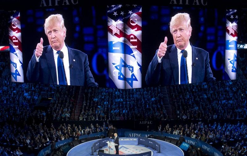 (FILES) This file photo taken on March 21, 2016 shows 
US Republican presidential hopeful Donald Trump addressing the American Israel Public Affairs Committee (AIPAC) 2016 Policy Conference in Washington, DC,.
US President-elect Donald Trump called on December 21, 2016, for the United States to veto an Egyptian-drafted UN resolution demanding that Israel immediately halt its settlement activities in the Palestinian territories and east Jerusalem. / AFP PHOTO / SAUL LOEB