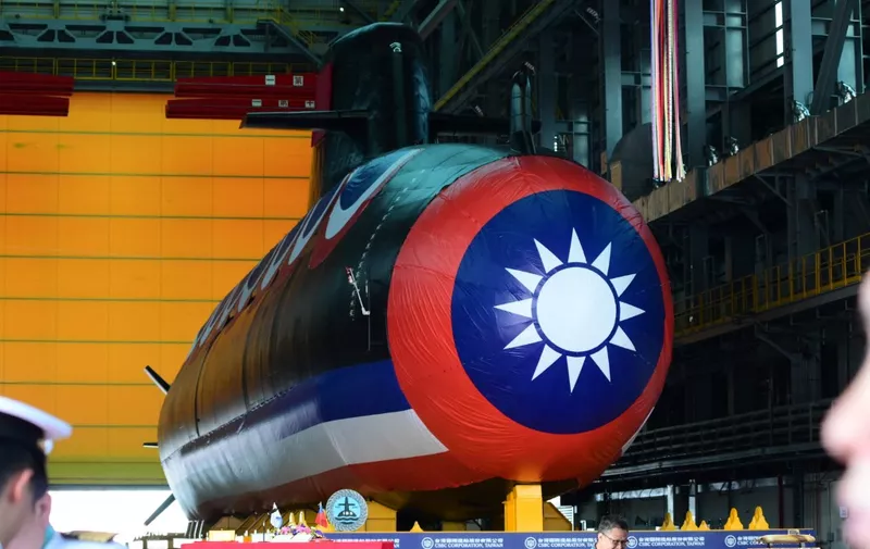 Taiwan's first locally built submarine "Narwhal" is seen before Taiwan's President Tsai Ing-wen unveils it at the CSBC Corporation shipbuilding company in Kaohsiung on September 28, 2023. (Photo by Sam Yeh / AFP)