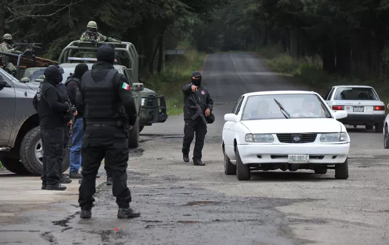 Police and military personnel stop a vehicle as they search for a French and a Mexican citizen who were kidnapped on the eve while visiting a national park along the roads that lead to the Xinantecatl volcano in Texcaltitlan, southwest Toluca, central Mexico, on November 25, 2019. - The two men were in separate all-terrain vehicles when they were ambushed. They were accompanied by at least two other people who went to the authorities after being freed by their captors, local media said. (Photo by Mario Vazquez / AFP)