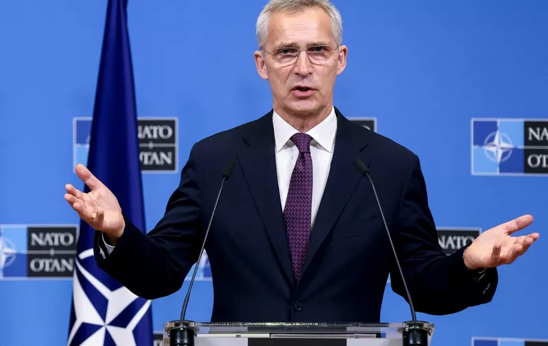NATO Secretary General Jens Stoltenberg speaks during a joint statement at the NATO headquarters in Brussels on June 22, 2023. (Photo by Kenzo TRIBOUILLARD / AFP)