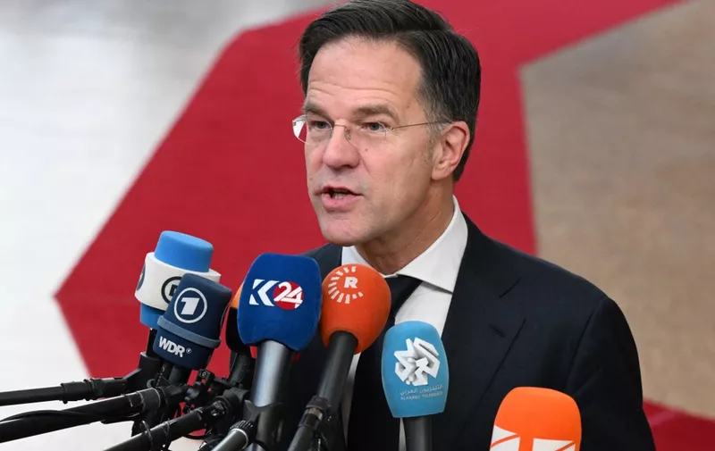 Netherlands' Prime Minister Mark Rutte addresses the press as he arrives to attend a European Council meeting at the European headquarters in Brussels, on February 1, 2024. EU leaders are to gather in Brussels on February 1, 2024, for a meeting of the European Council, where they will discuss aid to Ukraine as the war nears its second anniversary. (Photo by JOHN THYS / AFP)