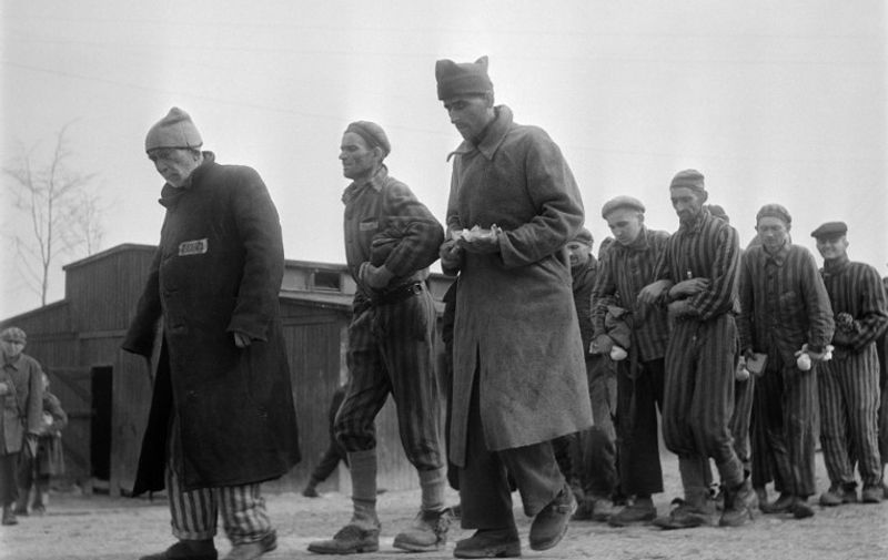 Weak and ill survivors of the Nazi concentration camp in Buchenwald march April 1945 towards the infirmary, after the liberation of the camp by Allied troops. The construction of Buchenwald camp started 15 July 1937 and was liberated by US General Patton's army 11 April 1945. Between 239,000 and 250,000 people were imprisoned in this camp. About 56,000 died among which 11,000 Jews. On the 4th of April Patton's army liberated the Buchenwald sub-camp in Ohrdruf, where they only found about fifty corpses of prisonners. The 9000 Buchenwald commandos - hundreds of Polish, Russian, Yugoslavian, Italian and French, some Hungarian and Russian Jews, and gypsies - had been forced by the Nazis to march 80 km on April 2nd from Ohrdruf to the main camp Buchenwald. Most of them were evacuated again April the 7th to Dachau and Flossenburg. Much died during this ordeal. On the 11th of April the International Committee (created in August 194Dépo3 by the prisoners), who managed to obtain and hide arms during previous shelling, gave the order for an insurrection which pave the way for the US army.  (FILM) AFP PHOTO ERIC SCHWAB
AFP PHOTO AFP/ERIC SCHWAB/lab/ls

Un groupe de déportés se dirige vers l'infirmerie du camp de Buchenwald, vers le 12 avril 1945. AFP / ERIC SCHWAB / AFP PHOTO / ERIC SCHWAB