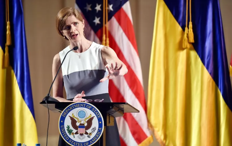 US Ambassador to the United Nations Samantha Power gestures as she speaks during her address to Ukrainians in Kiev on June 11, 2015. Washington's UN envoy accuses Russia on June 11, 2015 of spinning "outright lies" on Ukraine designed to hide the Kremlin's direct involvement in a war it launched to thwart Kiev's alliance with the West. AFP PHOTO/ SERGEI SUPINSKY