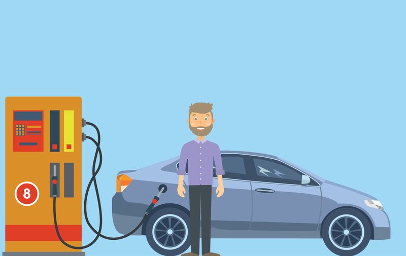 The car at the gas station with the driver. Vector illustration