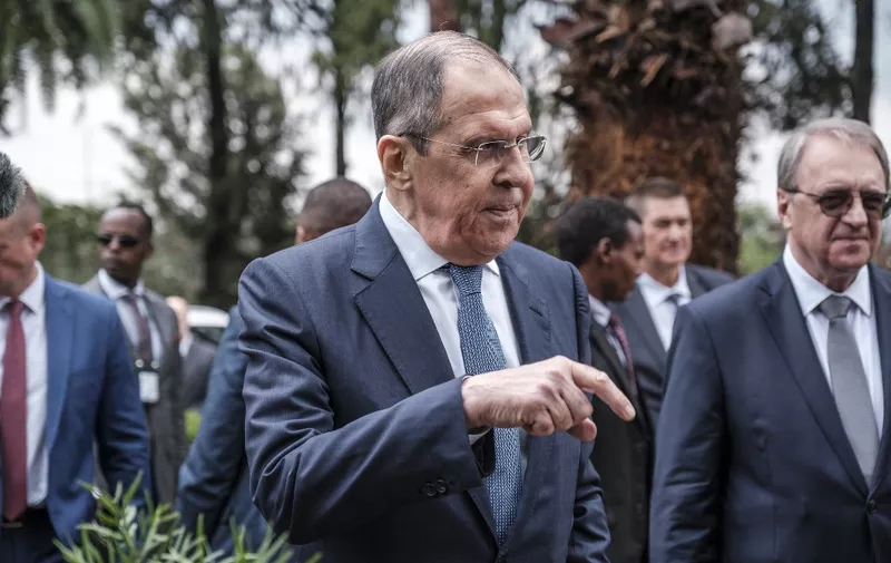 Sergey Lavrov, minister of foreign affairs of the Russian Federation, gestures during a tree plantation ceremony at the Russian embassy, in Addis Ababa, Ethiopia, on July 27, 2022. (Photo by EDUARDO SOTERAS / AFP)
