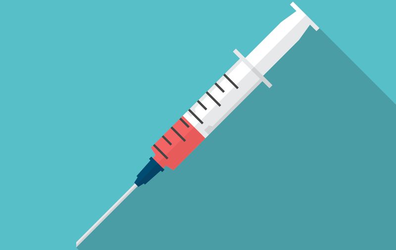 Syringe icon with long shadow. Flat design style. Syringe silhouette. Simple icon. Modern flat icon in stylish colors. Web site page and mobile app design element.