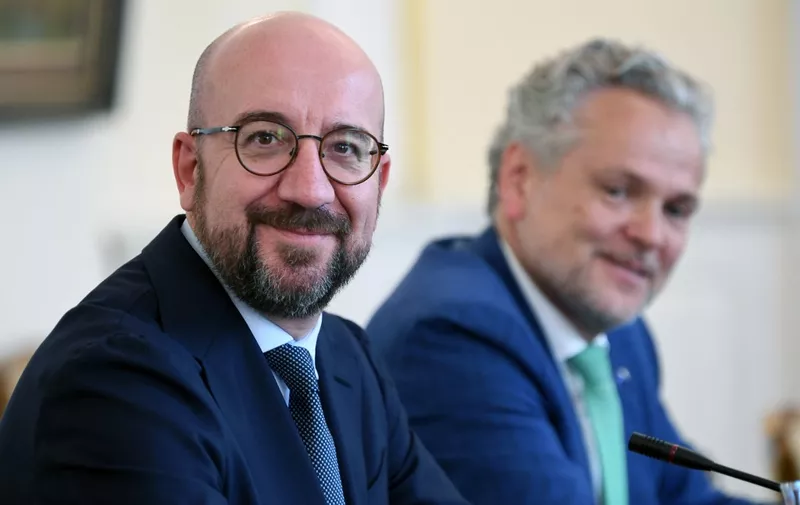 President of the European Council, Charles Michel, attends a meeting with members of Bosnia and Herzegovina's tripartite presidency, in Sarajevo, on May 20, 2022. - Charles Michel is on his first official visit to Bosnia and Herzegovina, as part of the last stop in a regional tour, which also included visits to Serbia and Albania. (Photo by ELVIS BARUKCIC / AFP)