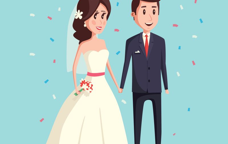 Bride and groom as love wedding couple illustration. Cartoon husband and romantic wife ceremony of wedding, female with flowers. Wedding invitation card and woman and man celebration engagement theme