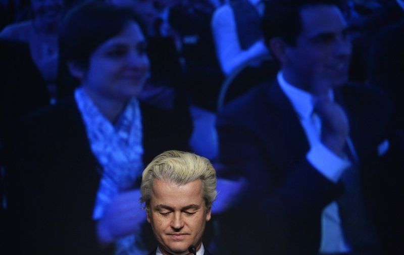 Dutch far-right Freedom Party leader Geert Wilders attends a party convention of the Flemish far-right party Vlaams Belang, called "Protecting our freedom!" ("Onze vrijheden verdedigen!") on March 4 2016, in Brussels.
 / AFP PHOTO / BELGA / Belgium OUT
