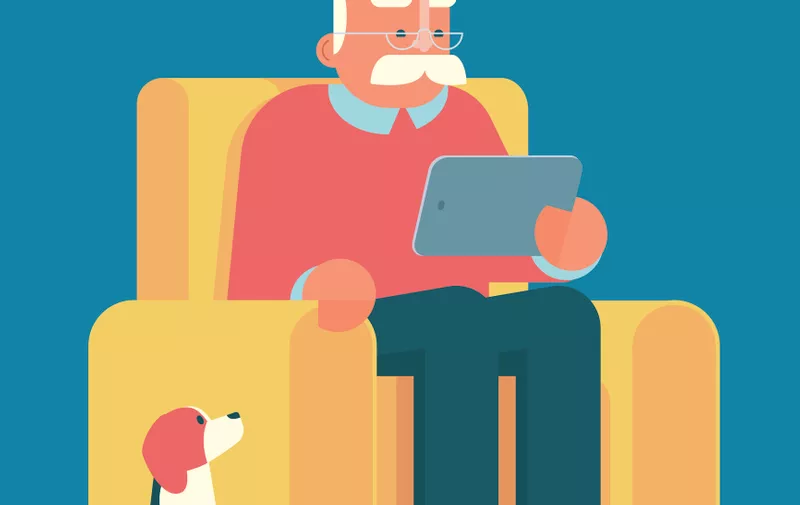 Cartoon old man sitting in armchair and using a tablet pc. The dog is looking at him.