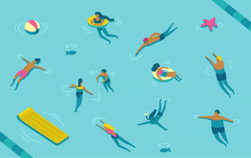 People swimming in pool or sea. Cartoon modern characters set. Flat vector illustration.