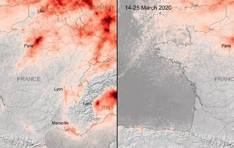 A handout photo made available on March 27, 2020 by the European Space Agency shows images, using data from the Copernicus Sentinel-5P satellite, of the average Nitrogen dioxide concentrations over France in March 2019 (L) and during the March 14-25, 2020 period following a strict lockdown in France aimed at curbing the spread of COVID-19 (novel coronavirus). (Photo by - / EUROPEAN SPACE AGENCY / AFP) / RESTRICTED TO EDITORIAL USE - MANDATORY CREDIT "AFP PHOTO /Copernicus Sentinel data (2019-20), processed by KNMI/ESA" - NO MARKETING - NO ADVERTISING CAMPAIGNS - DISTRIBUTED AS A SERVICE TO CLIENTS
