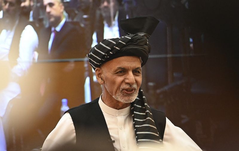 Afghanistan's President Ashraf Ghani speaks during a function at the Afghan presidential palace in Kabul on August 4, 2021. (Photo by SAJJAD HUSSAIN / AFP)