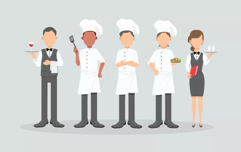 Group of head chefs, man and woman chefs, sommelier and waitress. Restaurant team concept. Flat design people characters.