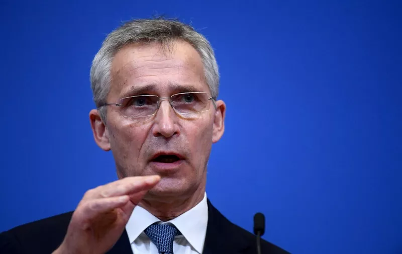NATO Secretary General Jens Stoltenberg talks speaks during a joint press with Sweden and Finland's Foreign ministers after their meeting at the Nato headquarters in Brussels on January 24, 2022. (Photo by JOHN THYS / AFP)