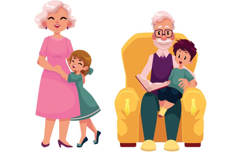vector flat grandparents and children set. Grandson sitting at grandfather's knees reading book at armchair, grandmother hugging with small girl . Isolated illustration on a white background.