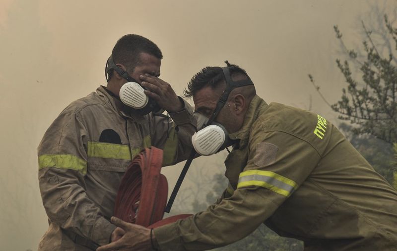 Firemen react as they battle flames burning vegetation during a wildfire near Prodromos, 100km northeast from Athens, on August 21, 2023. (Photo by Spyros BAKALIS / AFP)