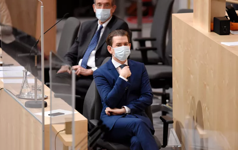 VIENNA, AUSTRIA - APRIL 03: Austrian Chancellor Sebastian Kurz wears a protective face mask while attending debates over how to proceed in the current the coronavirus crisis at a session of the Austrian Parliament on April 3, 2020 in Vienna, Austria. Austria has so far registered over 11,000 cases of Covid-19 infection and 158 deaths. (Photo by Thomas Kronsteiner/Getty Images)