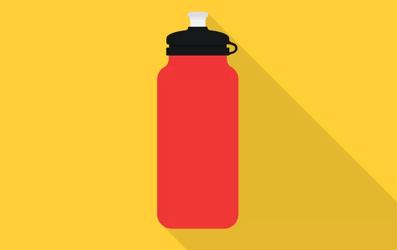 Sport plastic water bottle icon with long shadow on yellow background, flat design style