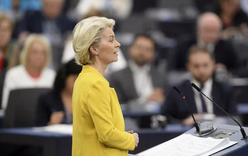 European Commission President Ursula von der Leyen delivers a speech during a debate on "The State of the European Union" as part of a European parliament plenary session in Strasbourg, eastern France, on September 14, 2022. (Photo by FREDERICK FLORIN / AFP)