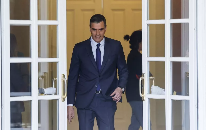 Spain's Prime Minister Pedro Sanchez arrives to welcome the President of Cape Verde ahead of their meeting at La Moncloa palace in Madrid, on April 5, 2024. (Photo by OSCAR DEL POZO / AFP)