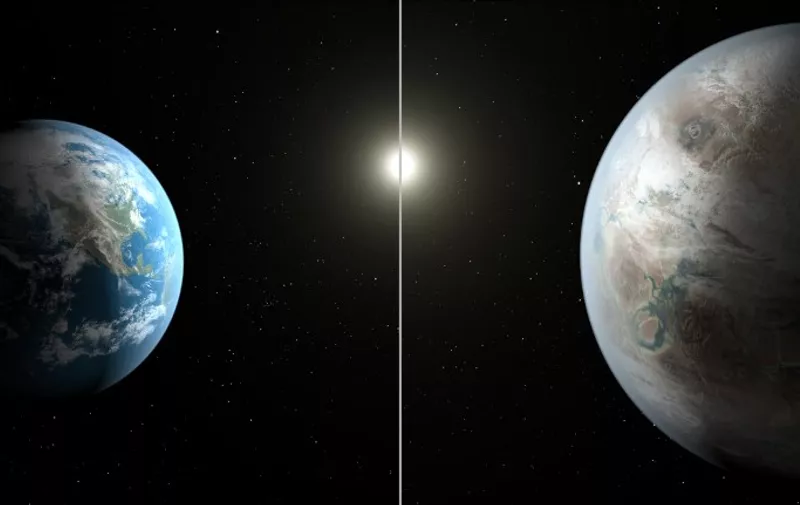 This NASA artist's concept obtained July 23, 2015 compares Earth (left) to the new planet, called Kepler-452b, which is about 60 percent larger in diameter. Astronomers hunting for another Earth have found what may be the closest match yet, a potentially rocky planet circling its star at the same distance as the Earth orbits the Sun, NASA said July 23, 2015. Not only is this planet squarely in the Goldilocks zone -- where life could exist because it is neither too hot nor too cold to support liquid water -- its star looks like an older cousin of our Sun, the US space agency said.That means the planet, which is 1,400 light-years away, could offer a glimpse into the Earth's apocalyptic future, scientists said. Known as Kepler 452b, the planet was detected by the US space agency's Kepler Space Telescope, which has been hunting for other worlds like ours since 2009. AFP PHOTO/NASA/JPL-CALTECH/T.PYLE  =  RESTRICTED TO EDITORIAL USE / MANDATORY CREDIT: "AFP PHOTO HANDOUT-NASA/JPL-CALTECH/T.PYLE"/ NO MARKETING - NO ADVERTISING CAMPAIGNS / DISTRIBUTED AS A SERVICE TO CLIENTS=