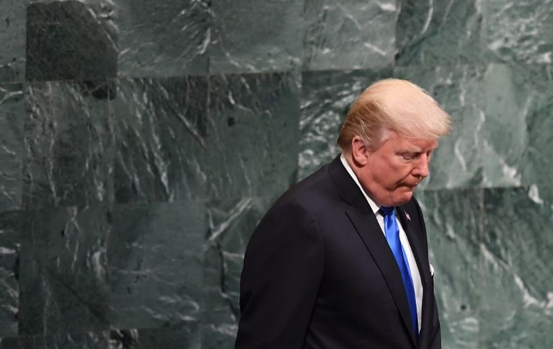 US President Donald Trump arrives to address the 72nd session of the United Nations General Assembly at the UN headquarters in New York on September 19, 2017.  / AFP PHOTO / Jewel SAMAD