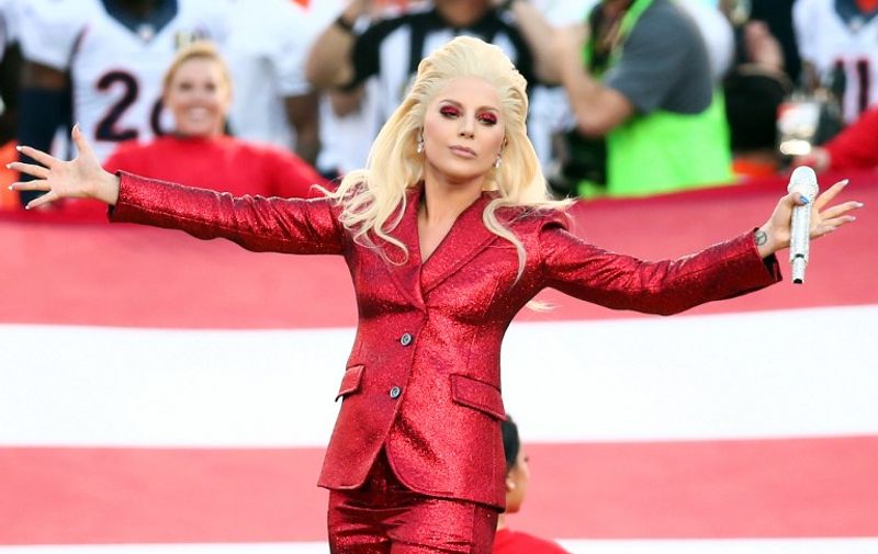 SANTA CLARA, CA - FEBRUARY 07: Lady Gaga sings the National Anthem at Super Bowl 50 at Levi's Stadium on February 7, 2016 in Santa Clara, California.   Christopher Polk/Getty Images/AFP