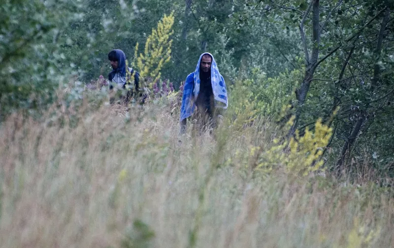 Asylum-seekers are pictured at Asotthalom village, nearby the Hungarian-Serbian border on June 27, 2015 after crossing the border illegally. Four central European countries, Czech Republic, Hungary, Poland and Slovakia on June 25 called on the European Union to let member states decide for themselves how many migrants they will accept, instead of setting quotas. The number of immigrants entering Hungary has risen from 2, 000 in 2012 to 54, 000 this year so far. Hungary, which has seen 60,000 migrants crossing its border this year, said it would build a four-metre (13-foot) fence on its southern border with Serbia through which most migrants come into the country.  AFP PHOTO / CSABA SEGESVARI (Photo by CSABA SEGESVARI / AFP)