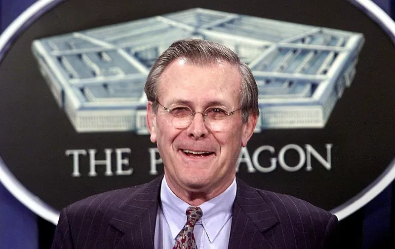 US Secretary of Defense Donald Rumsfeld holds his press conference at the Pentagon briefing room 26 January, 2001, in Arlington,Virginia. Rumsfeld replaced William Cohen. Rumsfeld said 26 January US President George W. Bush would not be inhibited by the 1972 Anti-Ballistic Missile and reaffirmed his intentions to deploy a national missile defense system.   AFP PHOTO/TIM SLOAN / AFP PHOTO / TIM SLOAN