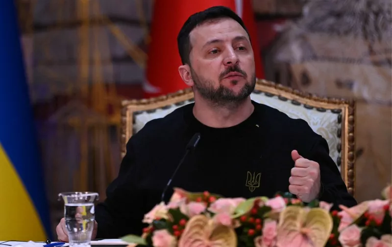 Ukrainian President Volodymyr Zelensky gestures as he speaks during a joint press conference with Turkish President at the Dolmabahce Presidental office in Istanbul on March 8, 2024. (Photo by OZAN KOSE / AFP)
